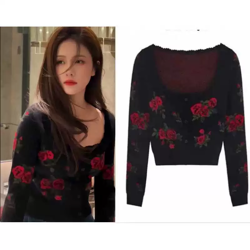 White Deer Star идентичный 2023 осень новый ретро с квадратным вырезом из розы короткий тонкий тонкий острый блузка трикотажный кардиган