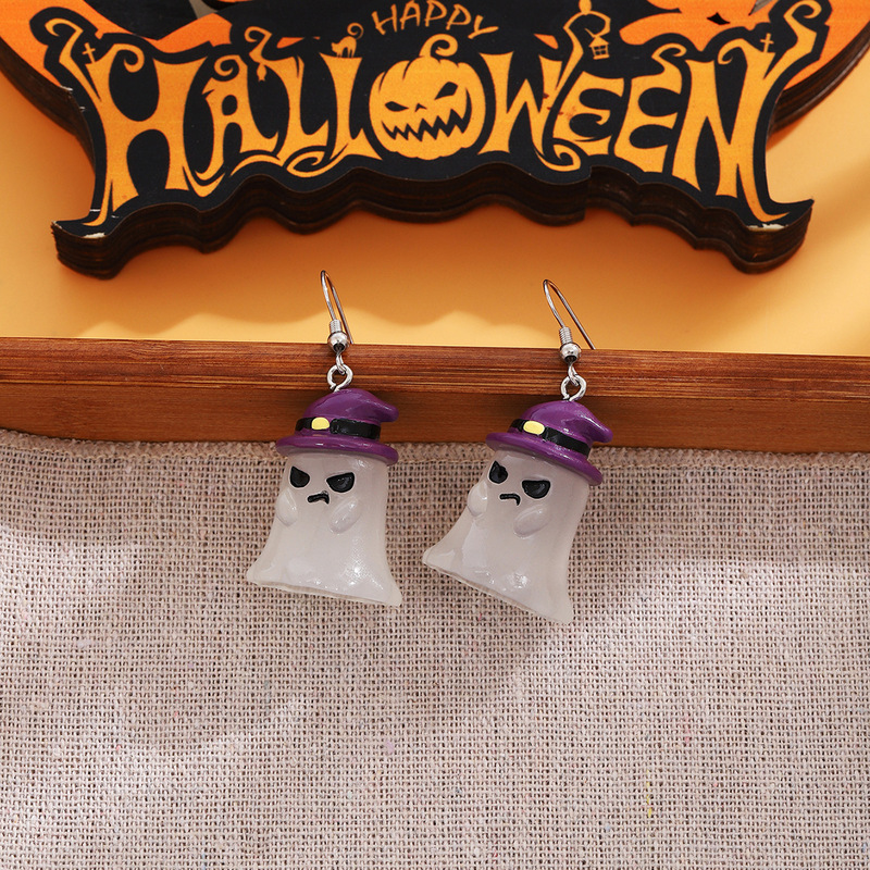 ハロウィンの趣味の漫画のカボチャの幽霊の樹脂のイヤリングは個性の大きい目の奇妙な巫女の帽子の死神の耳のフックを作ります。|undefined