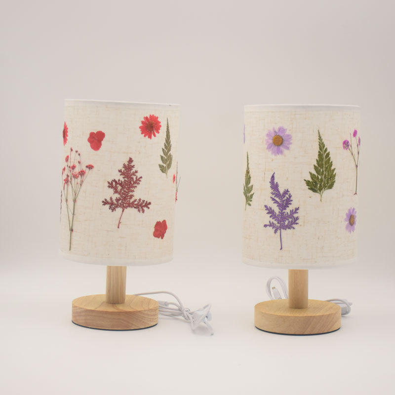 Lámpara de mesa pequeña de madera maciza con flores prensadas, plato pintado a mano DIY, actividades festivas, team building, flores secas y prensadas, USB, lino, estilo cubano