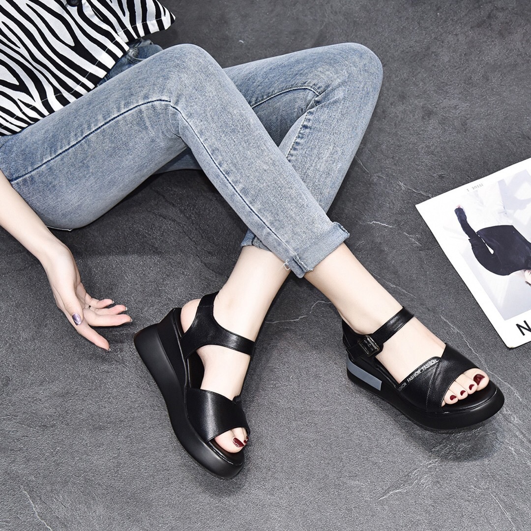 Giày sandal đế xuồng da thật quai đơn thời trang — Màu đen (Da bò lớp đầu tiên)