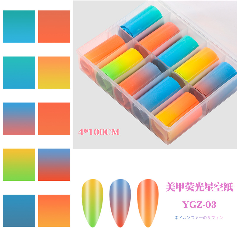 Transfronterizo especial manicura fluorescente cielo estrellado papel colorido gradiente caramelo color fluorescente cielo estrellado papel de transferencia 4*100cm