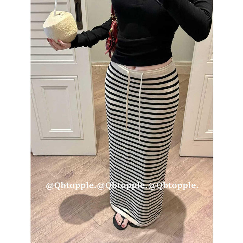 Contrast Color Striped Drawstring Skirt for Women, Summer High-End Lazy Casual Slim Fit Versatile Straight Long Skirt Contrast Color Striped Drawstring Skirt for Women, Summer High-End Lazy Casual Slim Fit Versatile Straight Long Skirt