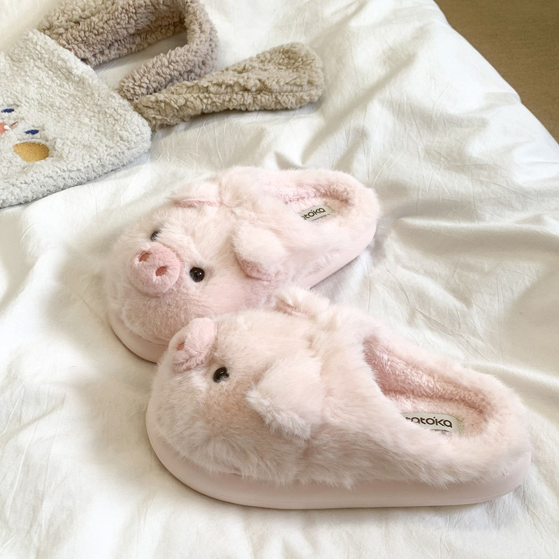 Japanese-style casual piggy cotton slippers for women, thick-soled, 2026 autumn and winter new model, plush-lined, warm, slip-on home furry shoes Japanese-style casual piggy cotton slippers for women, thick-soled, 2026 autumn and winter new model, plush-lined, warm, slip-on home furry shoes