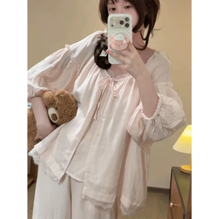 甜妹风淡粉色绑带睡衣女秋季宽松亲肤软糯长袖长裤遛弯居家服套装