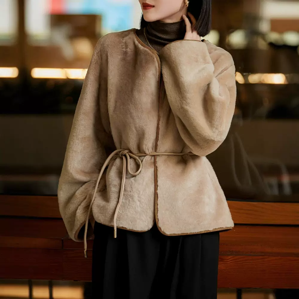 100%羊毛颗粒保暖羊剪绒皮草女圆领宽松系带羊羔毛外套厂家批发