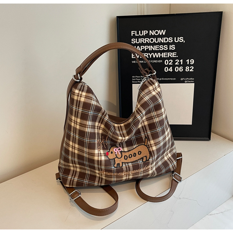 New Super Hot Large Capacity Women's Cute Sausage Dog Plaid Shoulder Autumn/Winter Versatile Fashion Simple Tote Bag_voghion.com