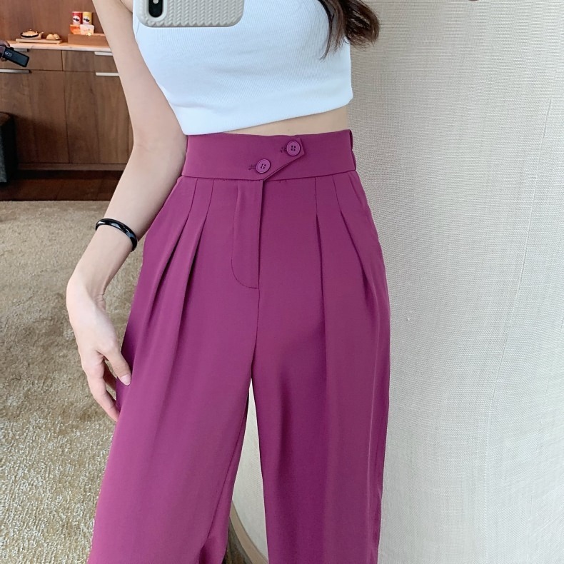 2022夏季薄款裤子女树莓色新款时尚阔腿西装高腰垂感直筒拖地裤潮