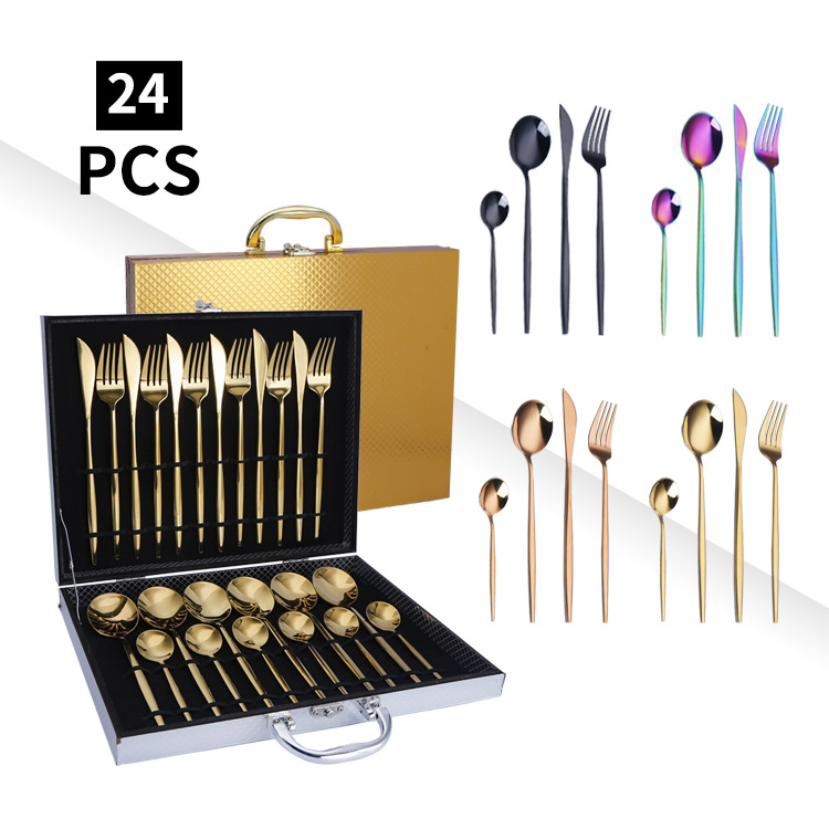 Juego de vajilla occidental Juego de 24 piezas de acero inoxidable portugués Cuchillo de carne de estilo europeo, tenedor y cuchara traje de caja de regalo