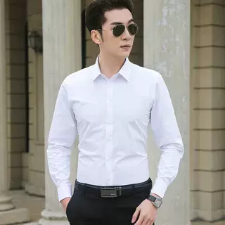 白色衬衫男长袖修身春秋季韩版潮流男士商务短袖衬衣百搭纯色帅气