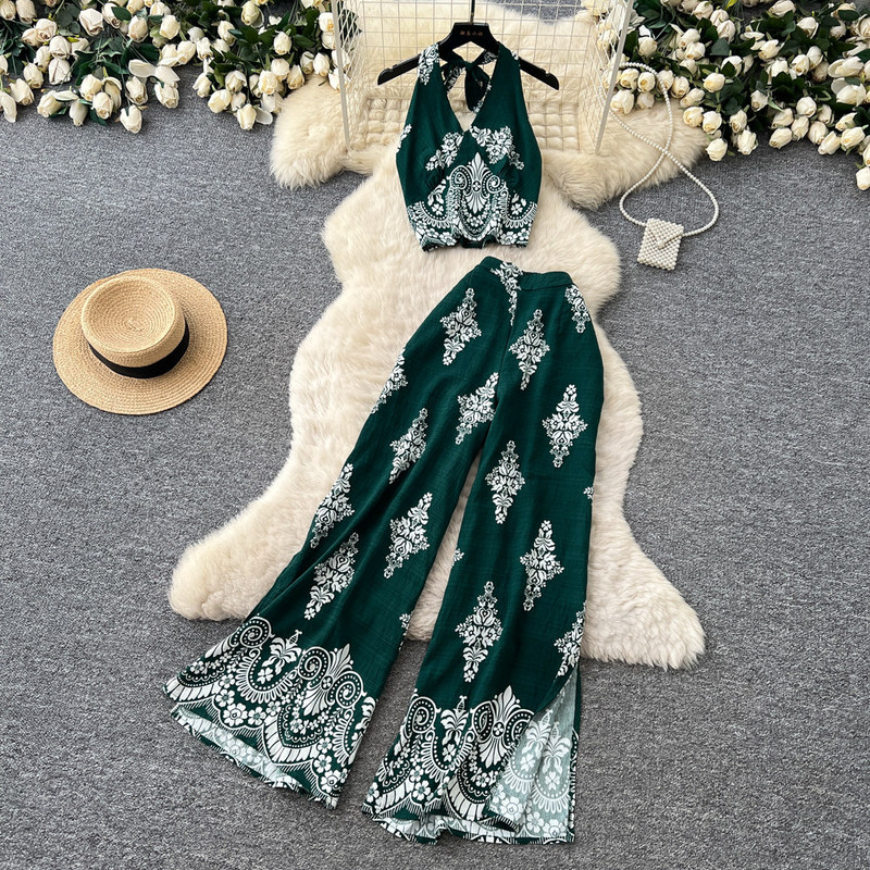Resort-Style Printed Halter Neck Sleeveless Dress for Women, Summer Lazy High-Waisted Wide-Leg Pants Two-Piece Set with a High-End Feel Resort-Style Printed Halter Neck Sleeveless Dress for Women, Summer Lazy High-Waisted Wide-Leg Pants Two-Piece Set with a High-End Feel