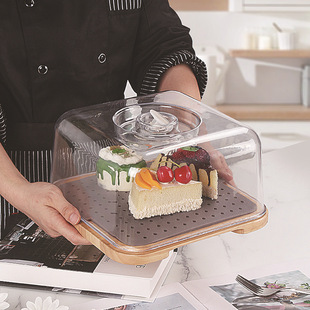 Wooden Cake Display Plate Transparent Plastic Cover Holder Dessert Tray Dessert Table Display Stand Bread Tasting Plate with Cover