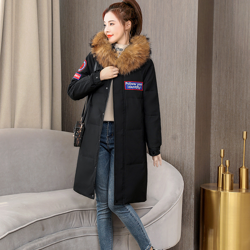 Chaqueta de pluma media y larga para hombres y mujeres de invierno nueva chaqueta de algodón de cuello de lana grueso abrigo de pareja suelto chaqueta de algodón con capuz