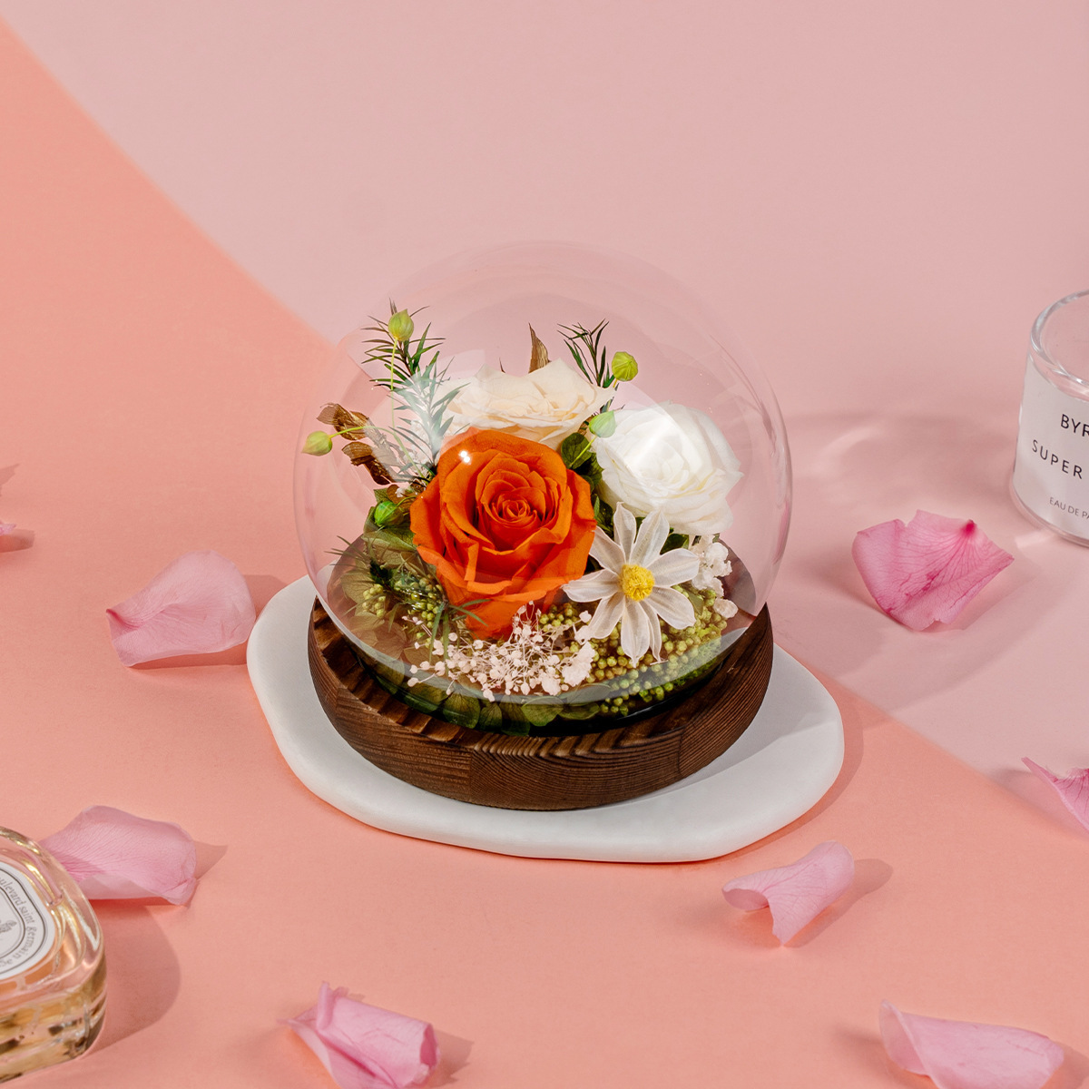 Flor inmortal cubierta de vidrio esférica rosa bola de cristal día del maestro regalo creativo personalizado adornos de flores inmortales