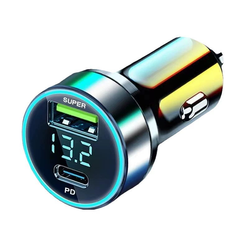 Car charger, Type‑C PD20W / up to 120W, dual fast USB, metal/alloy, digital display options