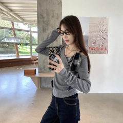 灰色の不規則な蝶結びの肩のtシャツの女性の春と秋の小さい大衆の修身の中で長袖の底のシャツの上着を掛けます。