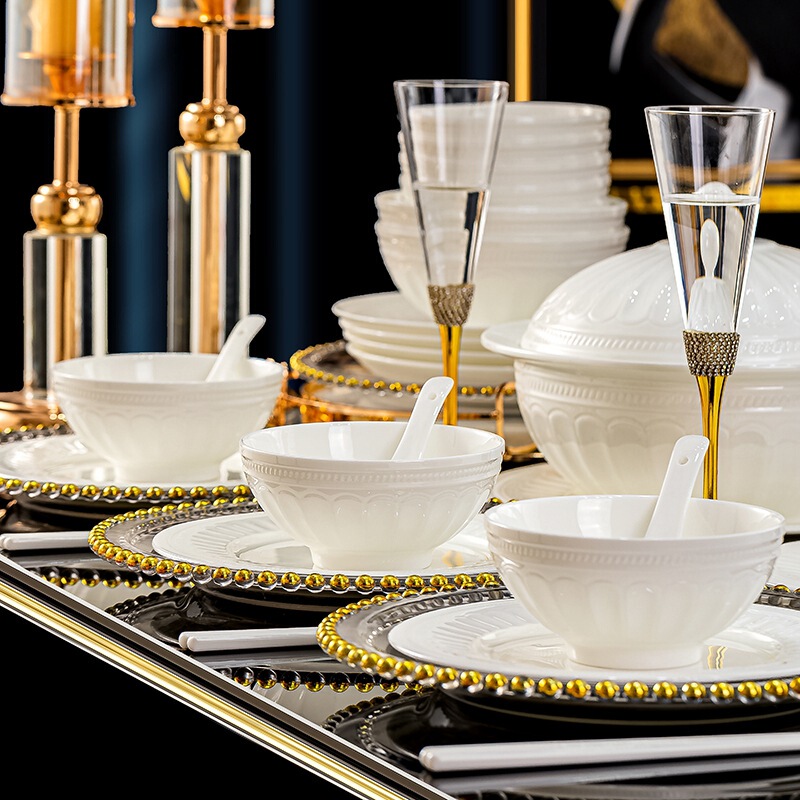 Underglaze color pure white bone china tableware suit household gifts Jingdezhen high-grade relief dishes combination wholesale