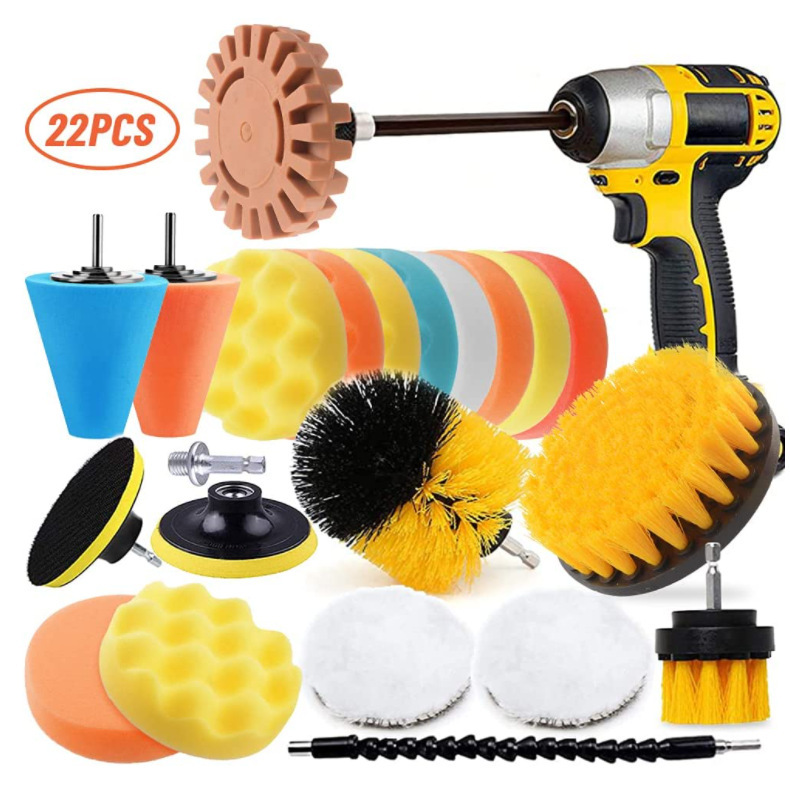 亚马逊热销电钻清洁刷套装22件套汽车轮胎清洁刷除尘缝隙刷去胶轮