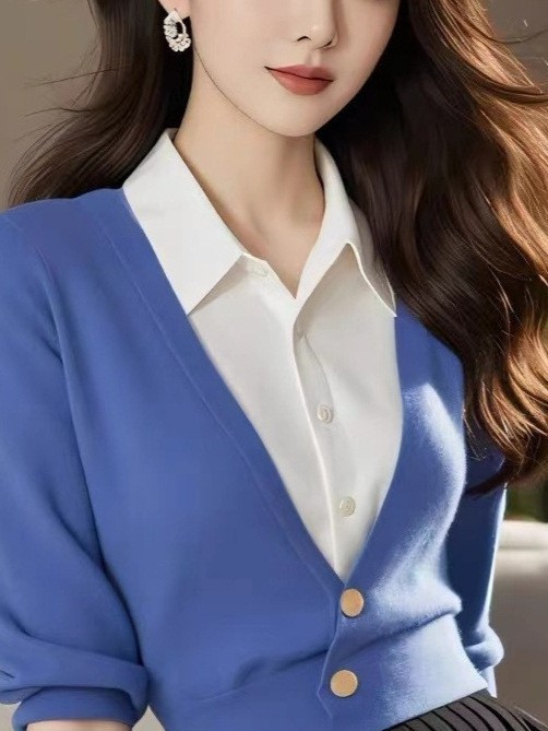 蓝色假两件针织上衣女高级设计感小众气质高端小香风内搭毛衣秋冬|undefined