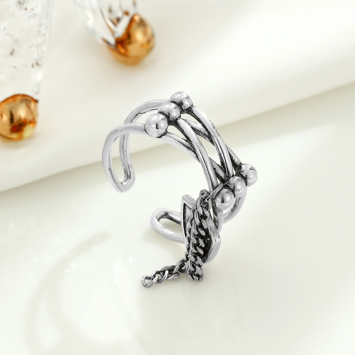 S925 Sterling Silver Personality Retro Spade Open Ring Niche Temperament Jewelry High-grade Chain Tassel Ring Female