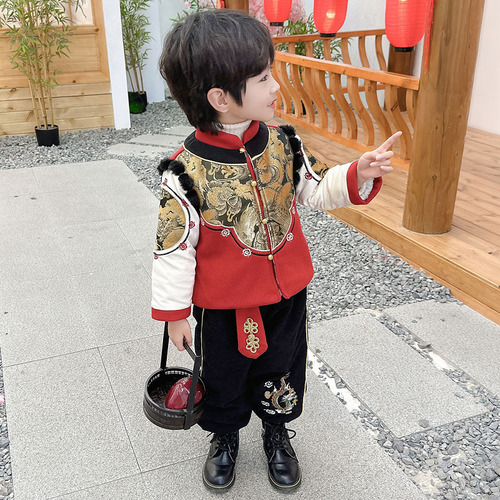 Winter Thick Set Traditional Chinese Style Children's Tangzhuang Two-Piece Set for New Year's Eve Baby Clothing Group Purchase Wholesale