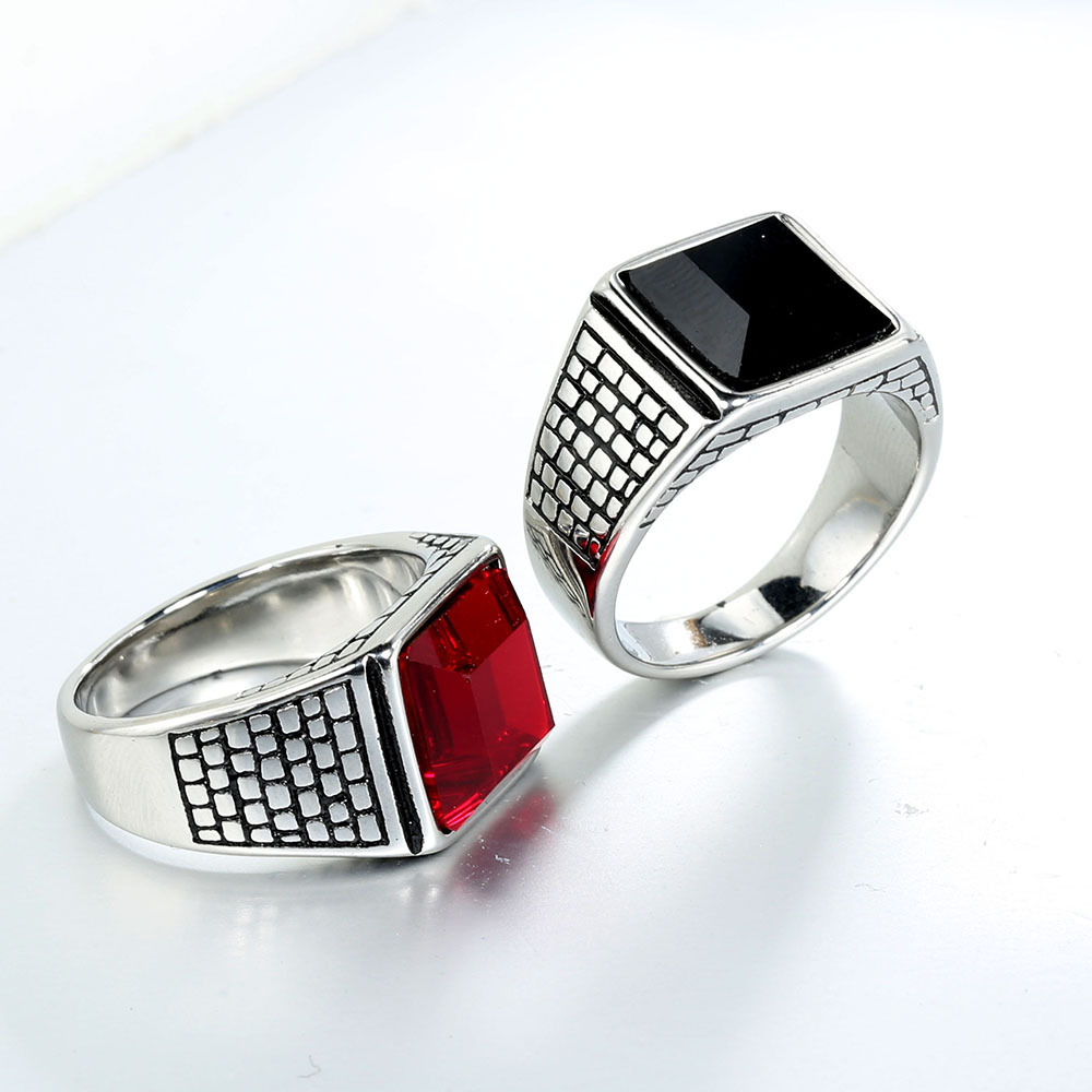 Square Pattern Unisex Gender Retro, Punk Style Retro Punk Square Stainless Steel Inlay Artificial Diamond Unisex Rings Men Signet Rings