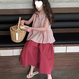 女童套装夏装新款洋气女孩时尚条纹背心中大童阔腿裤两件2026新款