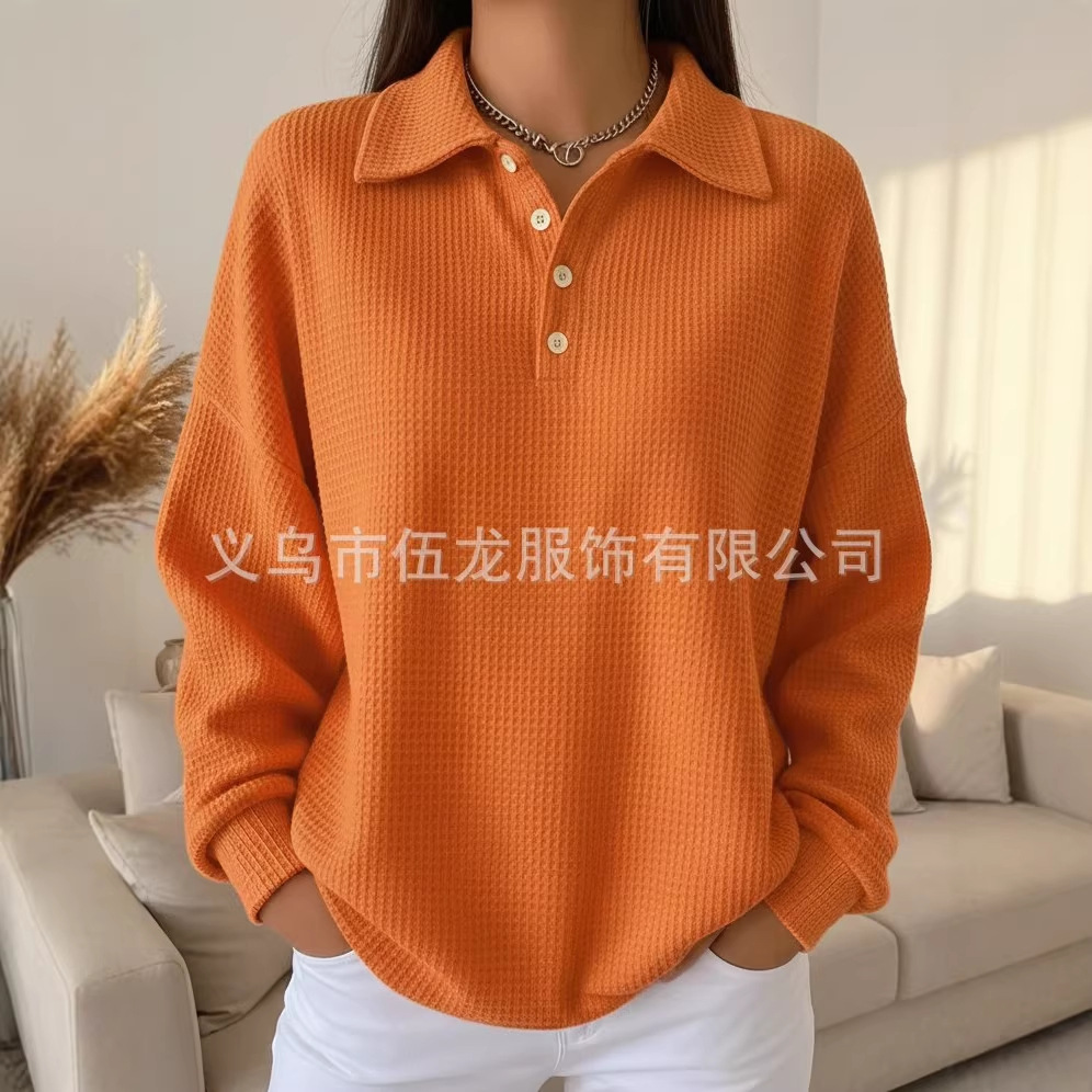 [High Quality, 24-Hour Shipping] New European & American Cross-Border Solid Color Collared Polo Shirt, Waffle Knit Women's Top