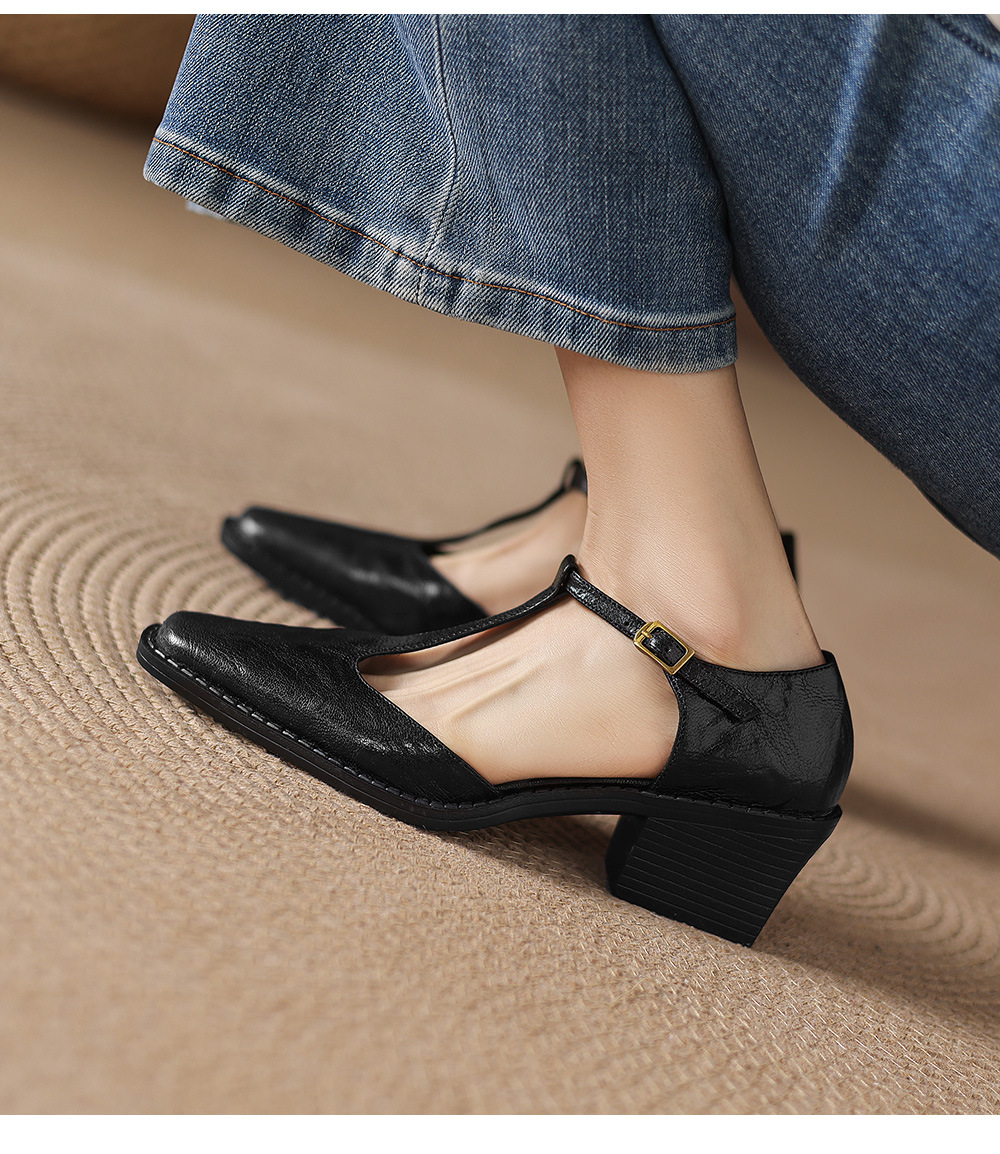 Sandal nữ quai ngang chữ T mũi nhọn gót vuông phong cách Anh retro — màu nâu chi tiết 18