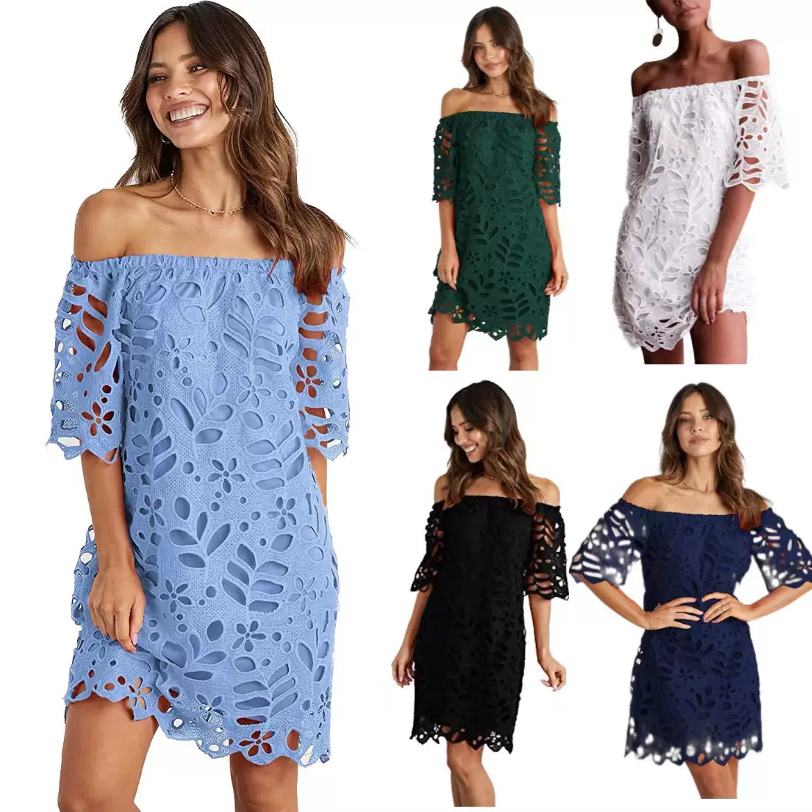 跨境2023夏季新款欧美抹胸一字肩镂空连衣裙INS休闲聚会礼服裙女