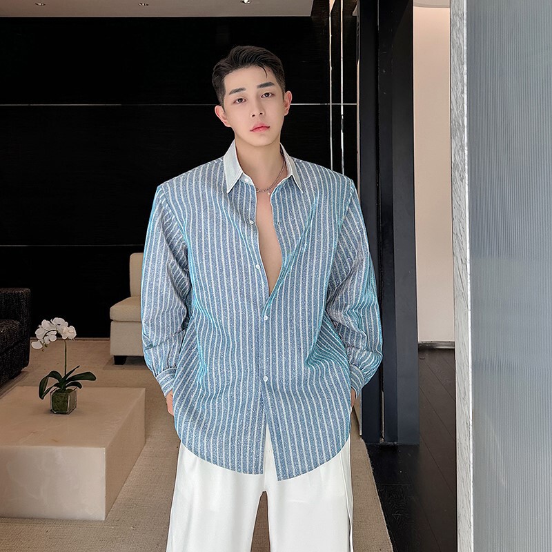 ins trendy polarized sequins pinstripe contrast color collar casual shirt men's flash shirt nightclub party hair stylist