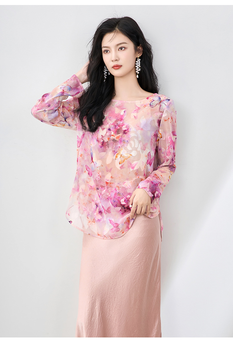 Áo sơ mi cổ tròn phong cách Tân Trung Hoa, chất liệu voan cắt hoa thanh lịch, tay ngắn mùa hè — Hoa bướm màu hồng chi tiết 13