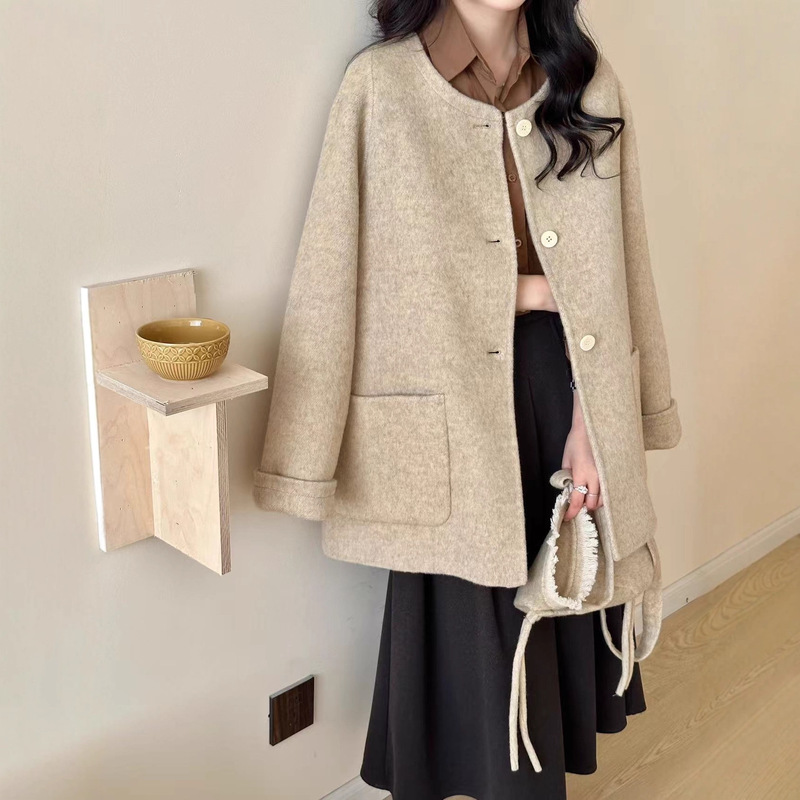 Free Hat and Bag, Elegant Double-Sided Wool Outwear, Round Neck Mid-Length Designer Simple Cashmere Woolen Outwear