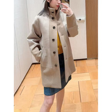 2025秋冬新款女士羊毛亚麻拼接撞色大衣中长款高品质风衣外衣