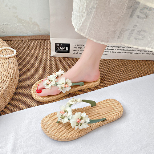 Floral women's summer slippers for outdoor wear, flat, water-resistant, beach herringbone sandals, pair with dresses, bohemian beach shoes