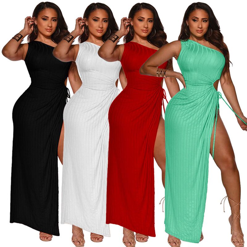 K9881 Amazon European and American Cross-Border Dress, Solid Color, High Elasticity, Ribbed, Slit, Sexy One-Shoulder Nightclub Dress, Special Price K9881 Amazon European and American Cross-Border Dress, Solid Color, High Elasticity, Ribbed, Slit, Sexy One-Shoulder Nightclub Dress, Special Price
