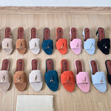 LP一字拖鞋女2025夏季新款流苏真皮百搭懒人粗跟露趾休闲外穿凉拖