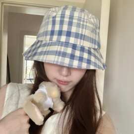 新款韩版格纹渔夫帽女春夏日系百搭显脸小盆帽休闲文艺遮阳棒球帽