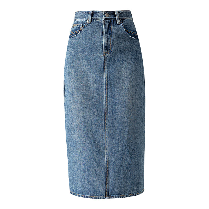 Chân váy denim lưng cao nữ dáng A xẻ tà — Màu xanh lam nhạt