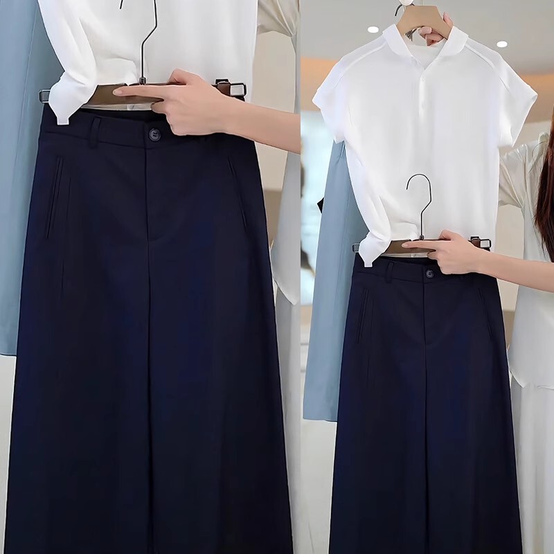 黄色の女性用8点ワイドレッグパンツ、夏用薄手2025新作シワ防止アイスシルクスーツパンツ、後ろが伸縮性のあるカジュアルパンツ|undefined