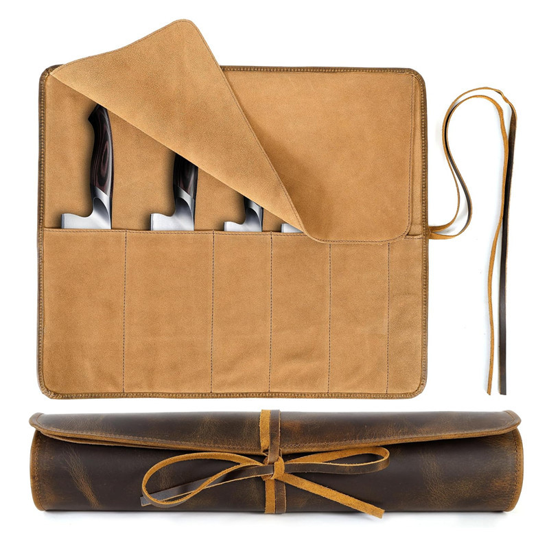 Cross-border chef knife leather storage bag, 6-slot knife sheath, vintage crazy horse leather, rollable and tieable knife protective holster