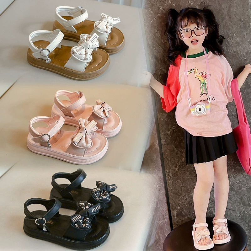 Детские сандалии с открытым носком 2025 новый летний стиль милые любящие буквы бант сандалии пляжные туфли