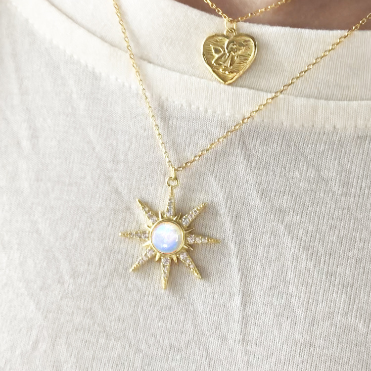 Moonstone Inlay Material Pendant Necklace Classification 925 Sterling Silver Moonstone Cable Chain Plating Eight Awn Star Pendant Necklace