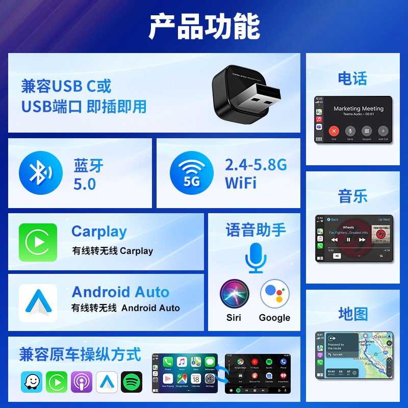 クロスボーダー車載インターネット接続ワイヤレスボックス ポータブル2in1カープレイモジュール スマートアンドロイドオートカープレイ|undefined