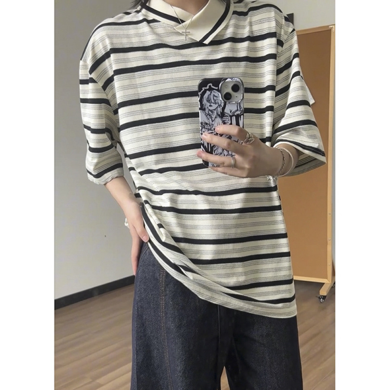 Irregular Neckline Stripesd Short-Sleeved Polo Shirt Men's Summer New Trendyy Design Loose Casual Half-Sleeved T-Shirt
