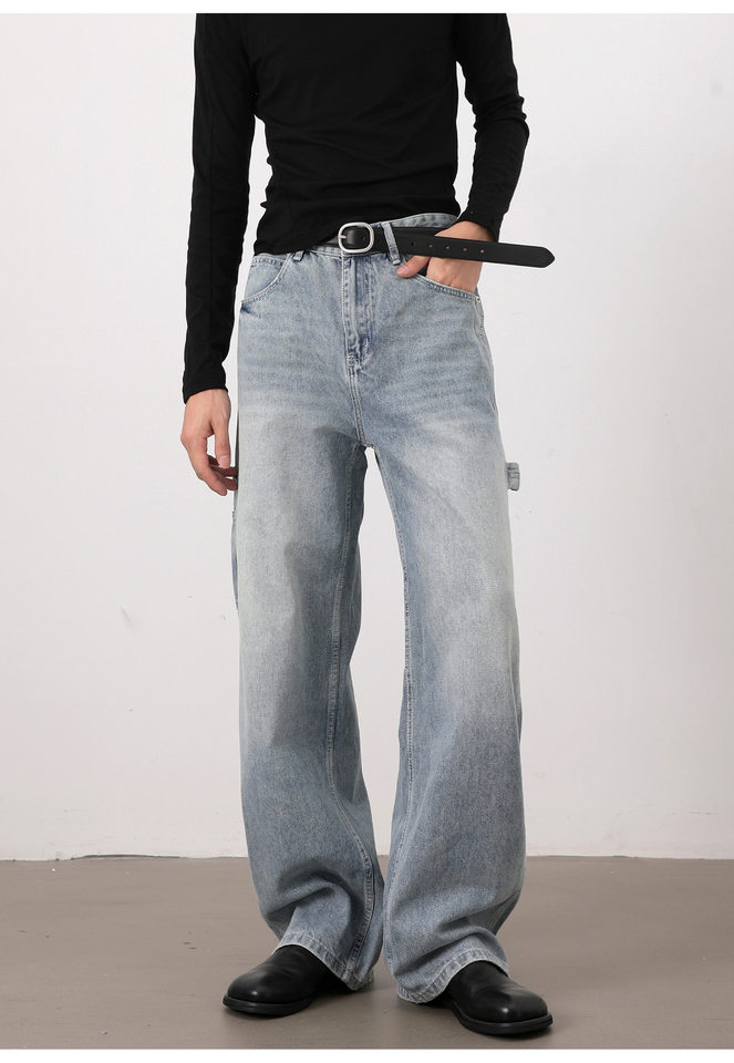 Quần jeans nam màu xanh nhạt dáng rộng ống đứng phong cách high street — Màu xanh dương chi tiết 14