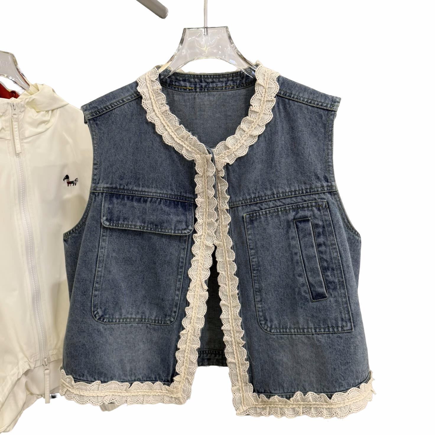 2025 primavera nueva moda versátil encaje denim chaleco de mujer suelta delgada camisa sin mangas