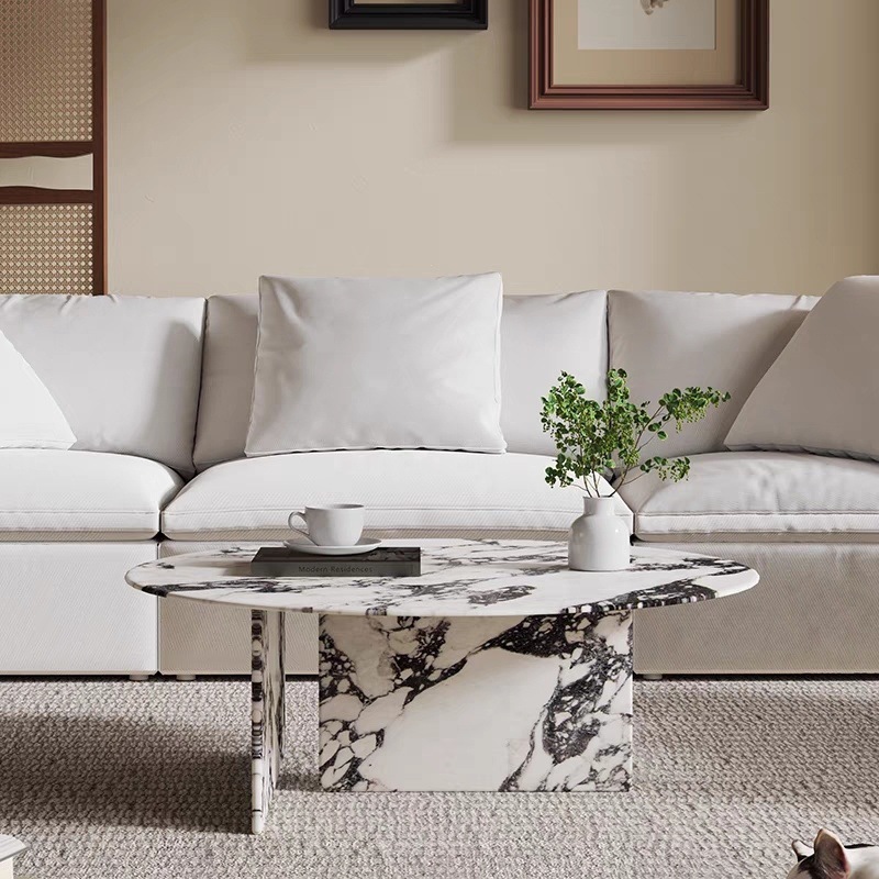 Mesa de centro de mármol natural de estilo crema francés, sala de estar redonda de alta gama, mesa de comedor de sofá de apartamento pequeño para el hogar