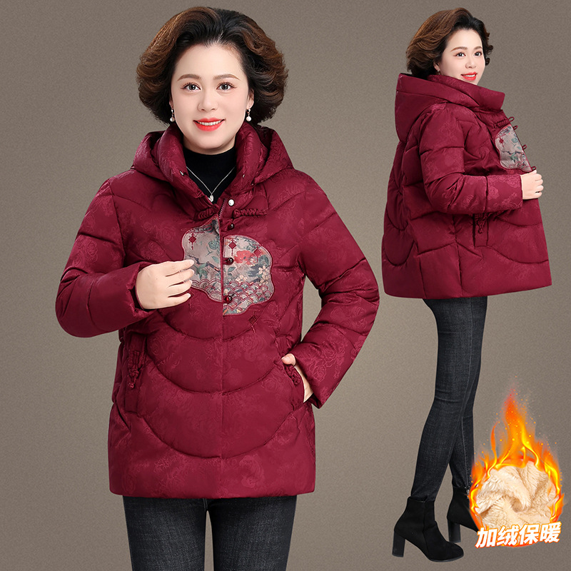 妈妈冬装棉衣中长款洋气中年妇女加厚羽绒棉服中老年印花棉袄外套