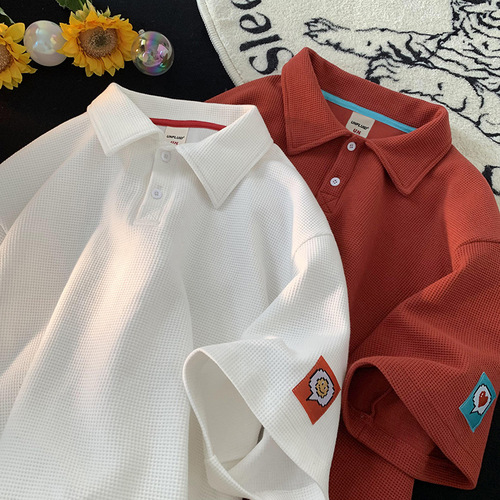 Heavyweight Waffle Short-Sleeve Men's Trendy Independent Brand Design-Focused Label POLO Shirt T-Shirt Loose Fit Versatile Half-Sleeve Top