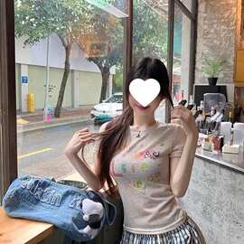 【广州克彩虹麻】薄款透气趣味涂鸦彩纱上衣女夏修身印花短袖恤